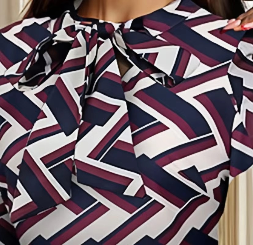 Elegant Patchwork Scarf Collar Full Sleeve slim fit Office Lady Slit Hip Dress - Image 5