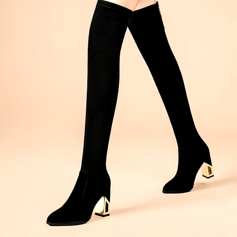 Elegant Pointed Toe Over The Knee Elastic Plus Velvet Warm Boots - Image 3