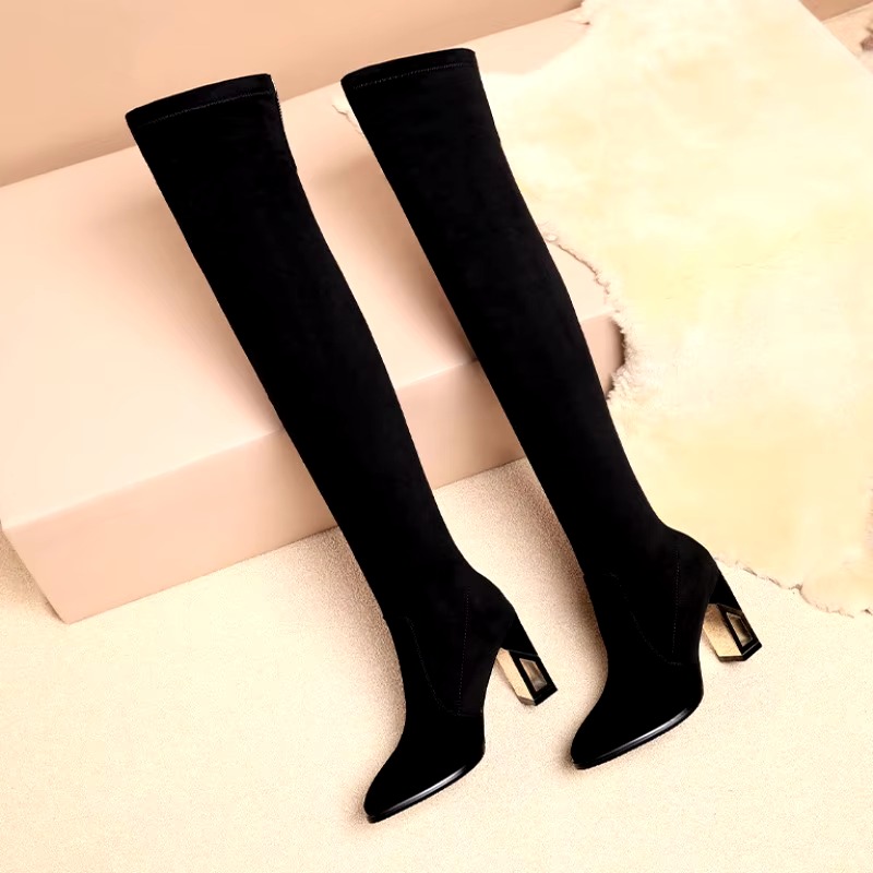 Elegant Pointed Toe Over The Knee Elastic Plus Velvet Warm Boots - Image 5