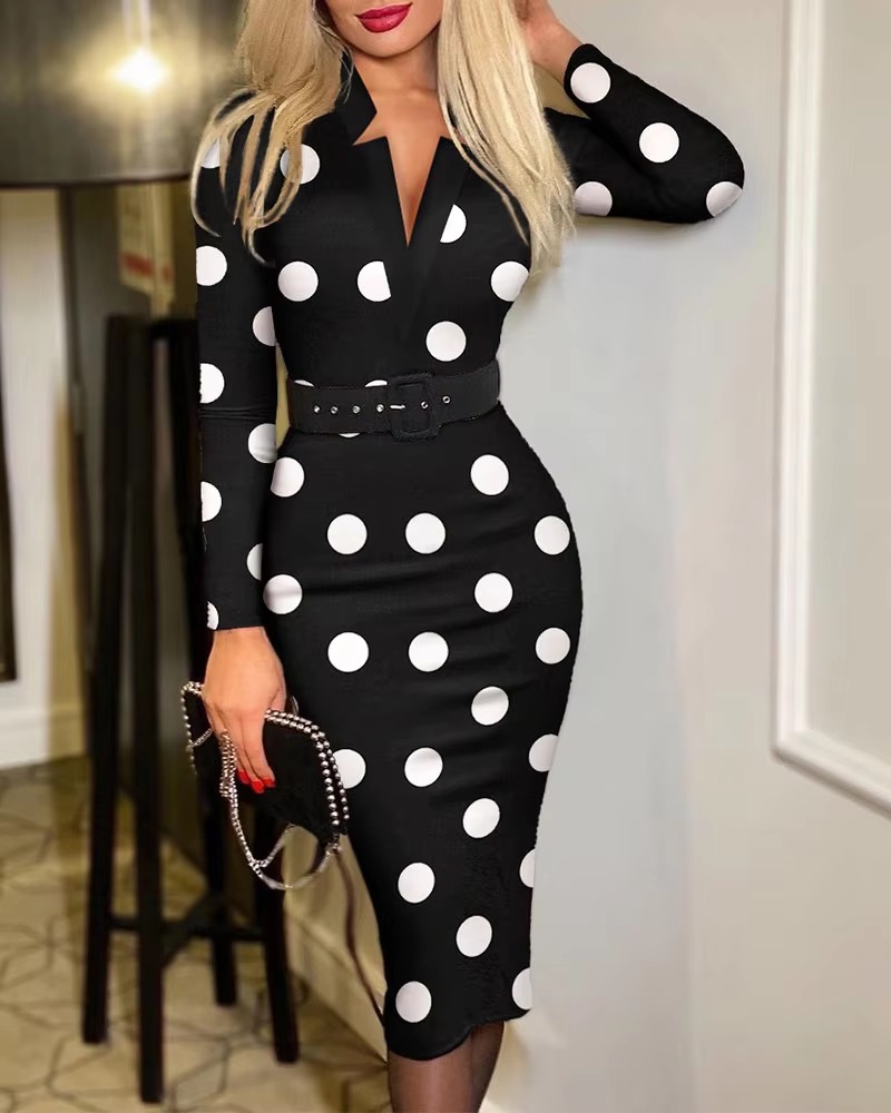 Elegant Print V-neck sashes Long Sleeve Party Slim Bodycon Midi Dress with Belt