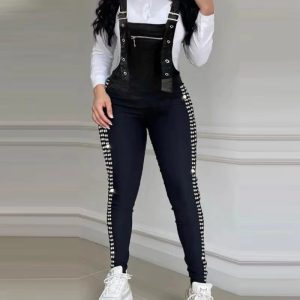 Elegant Rhinestone Decor Buckled Suspender Casual Plain Bodycon Jumpsuits
