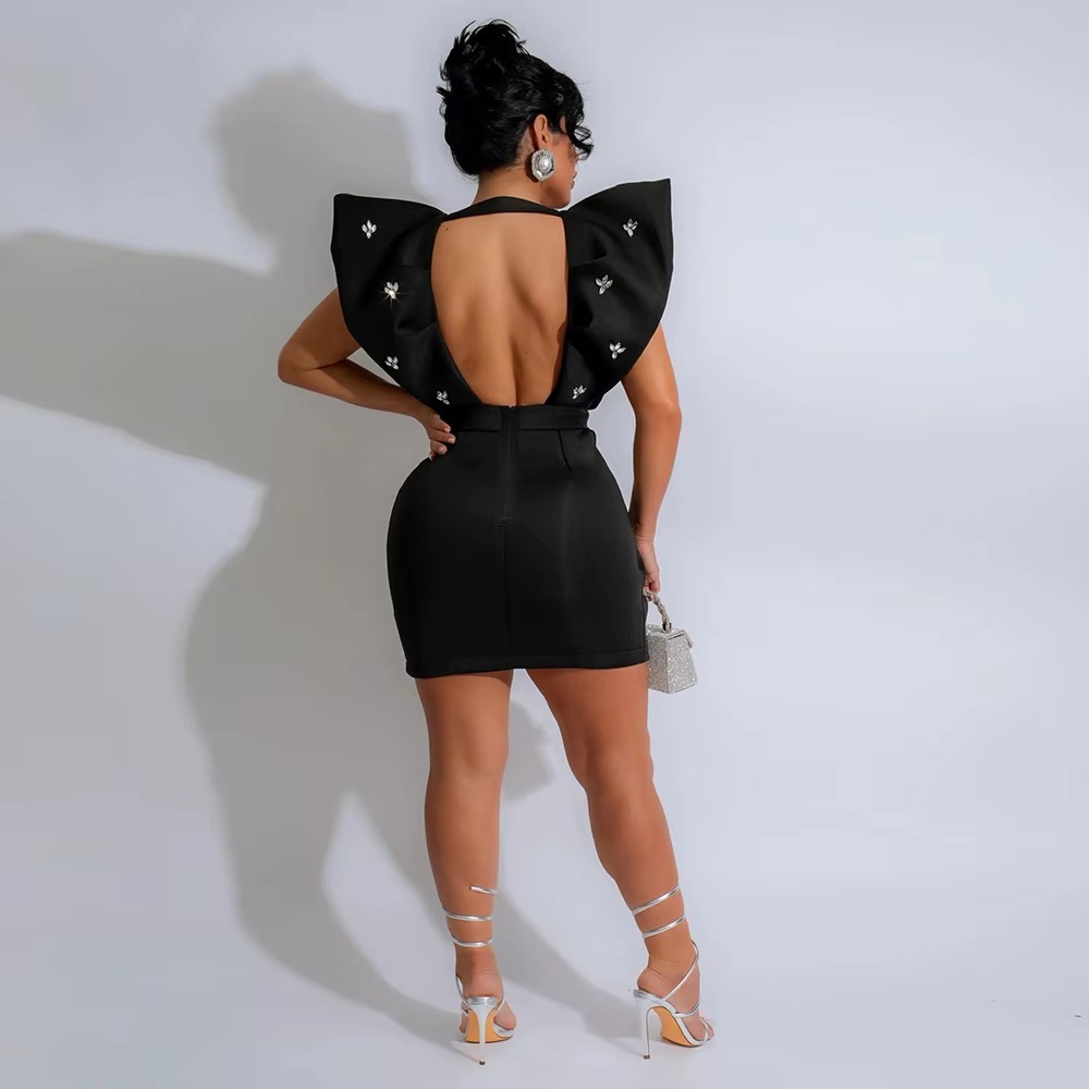 Elegant Ruched Deep V-Neck Backless Zip Body-Shaping Mini Dress - Image 6