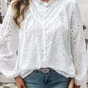 Elegant Ruffled Hollow Out Puff Sleeve Loose Fit Shirt