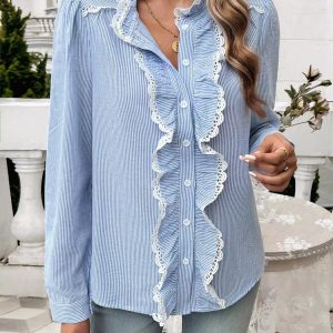 Elegant Ruffled Single Breasted Stand Collar Button Office Lady Shirts Tops