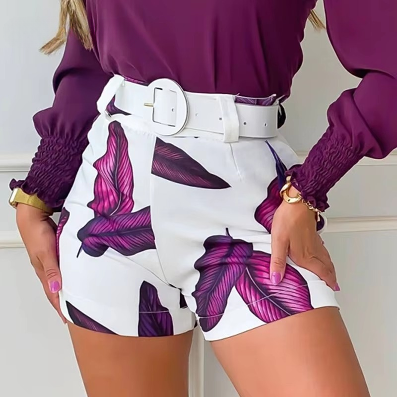 Elegant Sashes Turtleneck Long Sleeves Solid Tops Print with Leaf Pattern Bottom Short Sets - Image 4