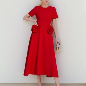 Elegant Short Sleeve Patchwork Appliques Mid-Calf Dress