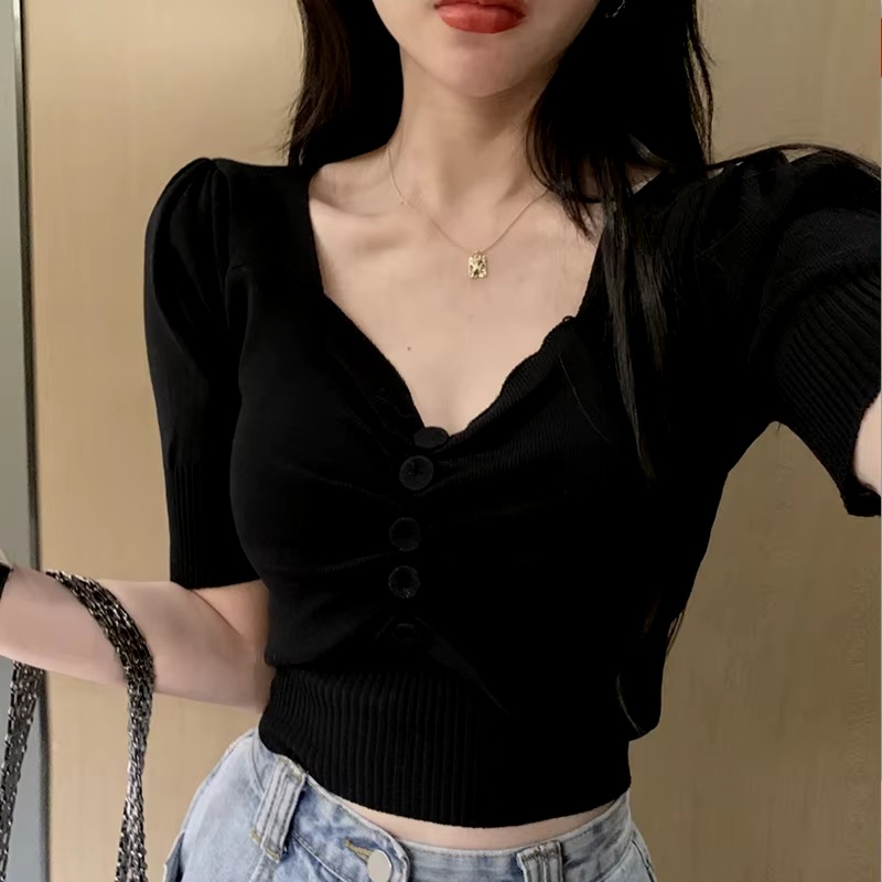 Elegant Short Sleeve V-neck Button Casual Solid Chic Slim Crop Tops - Image 3