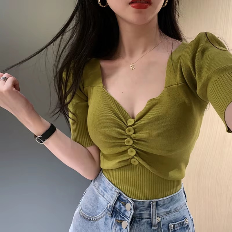 Elegant Short Sleeve V-neck Button Casual Solid Chic Slim Crop Tops - Image 4