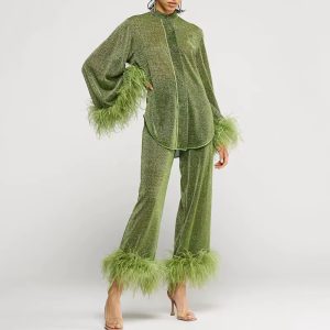 Elegant Single Breasted Feathers Decoration 2 Piece Set