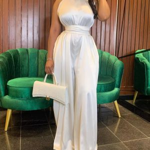 Elegant Solid Color Sleeveless Mock Neck Wide Leg Satin Jumpsuit