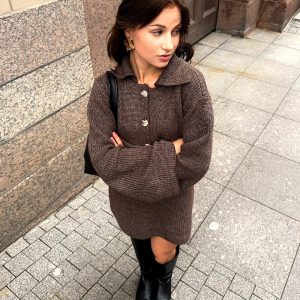 Elegant Solid Knitted Lapel Long Sleeve Single Breasted Cardigan Short Skirt 2 Pieces Suit 55..jpg__11zon