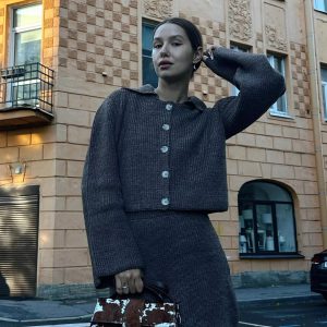 Elegant Solid Knitted Lapel Long Sleeve Single Breasted Cardigan Short Skirt 2 Pieces Suit 61..jpg__11zon