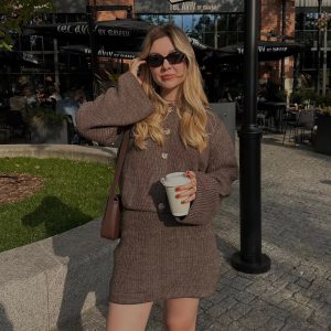 Elegant Solid Knitted Lapel Long Sleeve Single Breasted Cardigan Short Skirt 2 Pieces Suit 65..jpg__11zon