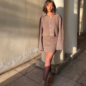 Elegant Solid Knitted Lapel Long Sleeve Single Breasted Cardigan Short Skirt 2 Pieces Suit 72..png__11zon