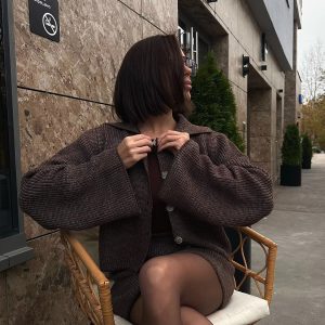 Elegant Solid Knitted Lapel Long Sleeve Single Breasted Cardigan Short Skirt 2 Pieces Suit 75..jpg__11zon