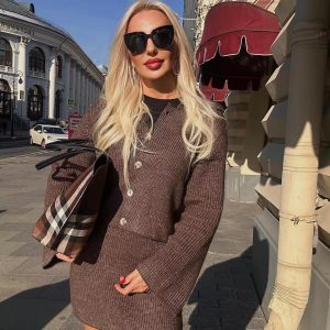 Elegant Solid Knitted Lapel Long Sleeve Single Breasted Cardigan Short Skirt 2 Pieces Suit 86..jpg__11zon