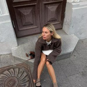 Elegant Solid Knitted Lapel Long Sleeve Single Breasted Cardigan Short Skirt 2 Pieces Suit 96..png__11zon