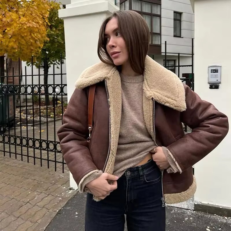 Elegant Solid Lamb Woolen Patchwork Chic Lapel Long Sleeve Zipper Leather Thicken Jacket - Image 2