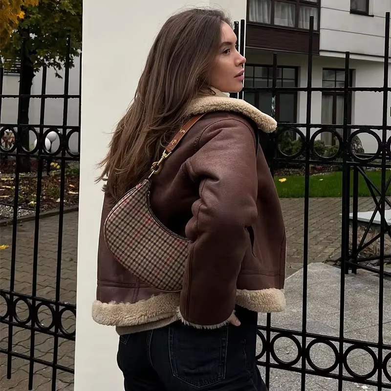 Elegant Solid Lamb Woolen Patchwork Chic Lapel Long Sleeve Zipper Leather Thicken Jacket - Image 7