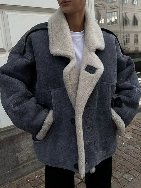 Elegant Solid Lamb Woolen Patchwork Chic Lapel Long Sleeve Zipper Leather Thicken Jacket - Image 10