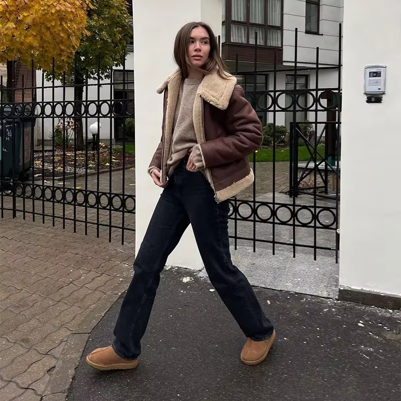 Elegant Solid Lamb Woolen Patchwork Chic Lapel Long Sleeve Zipper Leather Thicken Jacket - Image 3