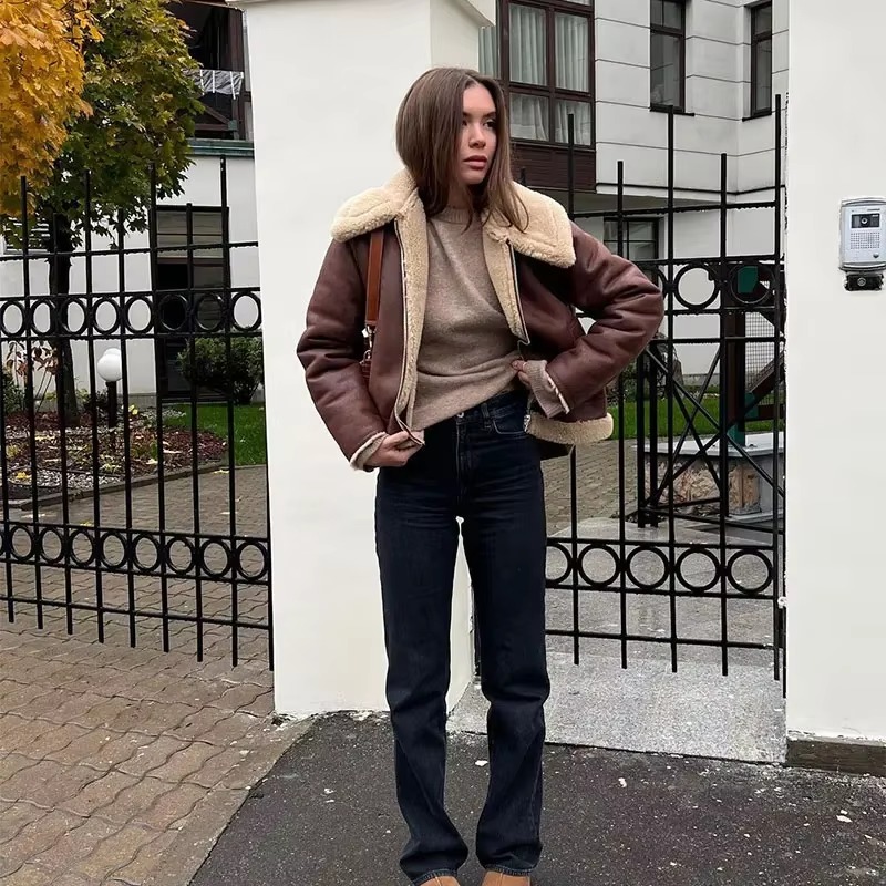 Elegant Solid Lamb Woolen Patchwork Chic Lapel Long Sleeve Zipper Leather Thicken Jacket - Image 4