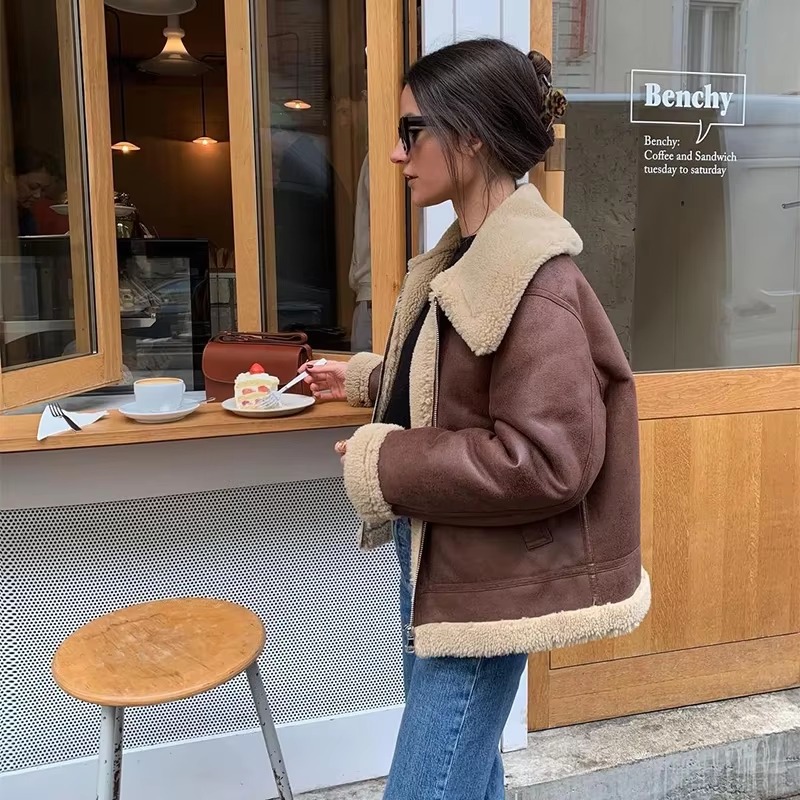 Elegant Solid Lamb Woolen Patchwork Chic Lapel Long Sleeve Zipper Leather Thicken Jacket - Image 6