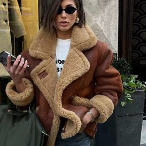 Elegant Solid Lamb Woolen Patchwork Chic Lapel Long Sleeve Zipper Leather Thicken Jacket