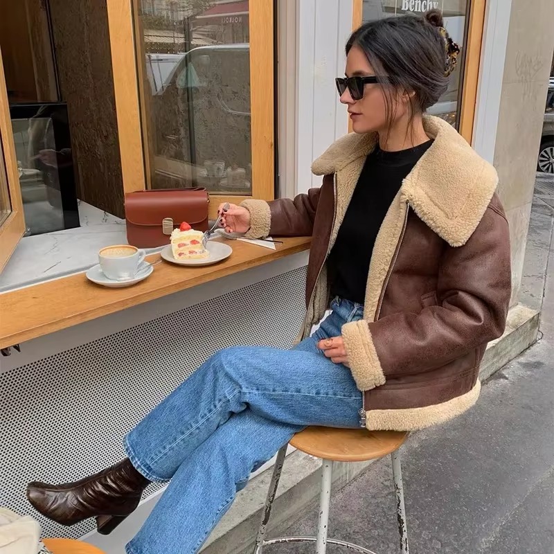 Elegant Solid Lamb Woolen Patchwork Chic Lapel Long Sleeve Zipper Leather Thicken Jacket - Image 5