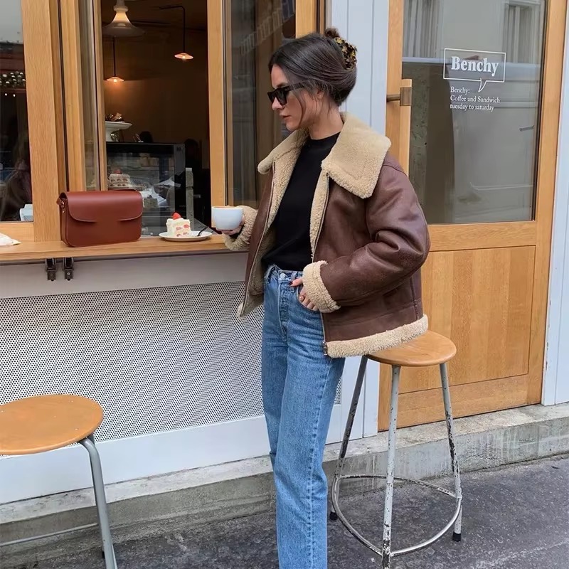 Elegant Solid Lamb Woolen Patchwork Chic Lapel Long Sleeve Zipper Leather Thicken Jacket - Image 8