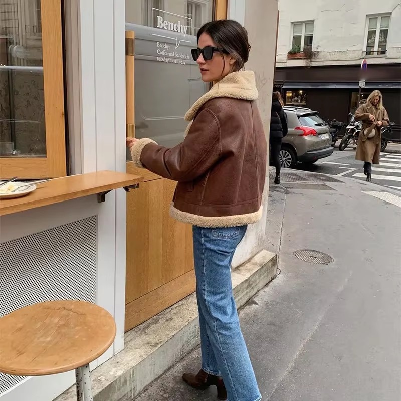 Elegant Solid Lamb Woolen Patchwork Chic Lapel Long Sleeve Zipper Leather Thicken Jacket - Image 9