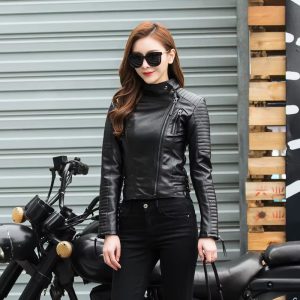 Elegant Solid O-Neck Punk PU Faux Leather Basic Bomber Jackets