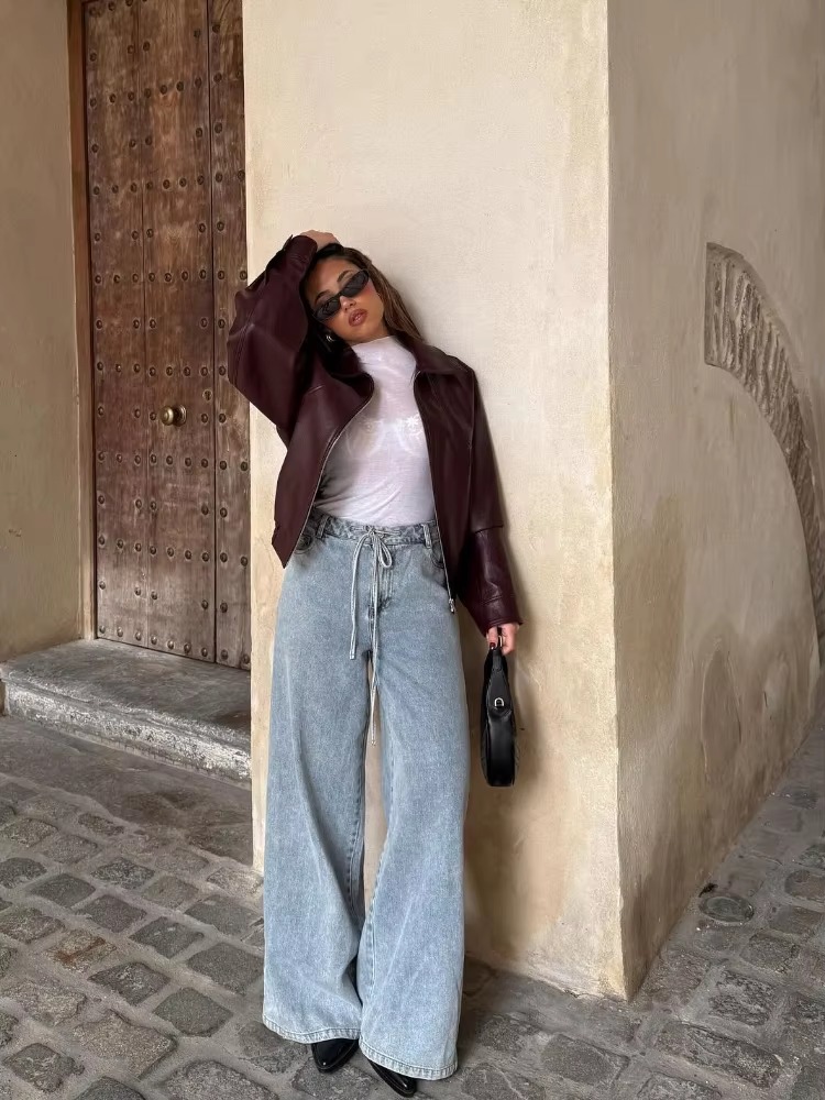 Elegant Solid Pu Leather Long Sleeves Zipper Crop Warm Jacket - Image 3