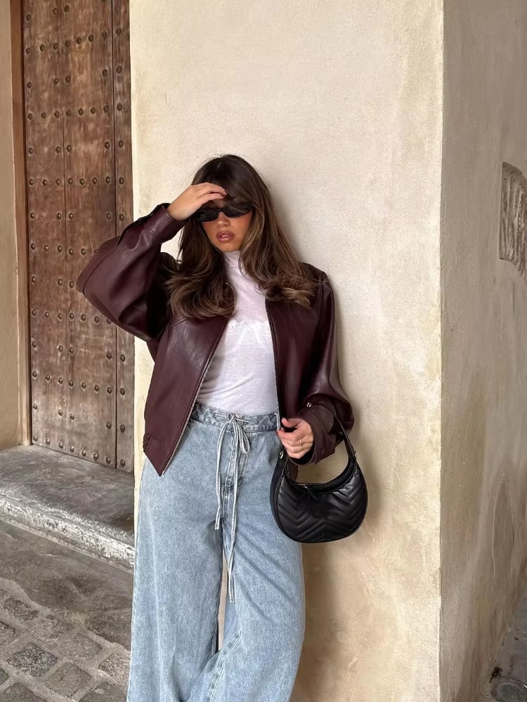 Elegant Solid Pu Leather Long Sleeves Zipper Crop Warm Jacket - Image 4