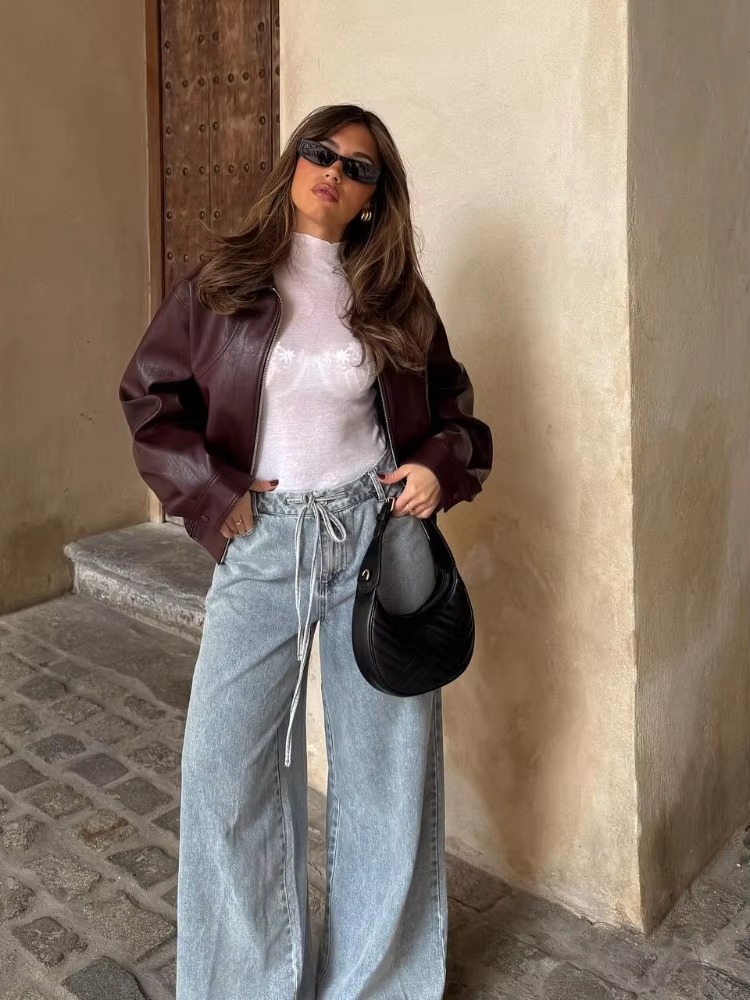 Elegant Solid Pu Leather Long Sleeves Zipper Crop Warm Jacket - Image 5