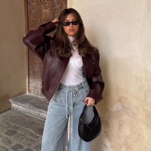 Elegant Solid Pu Leather Long Sleeves Zipper Crop Warm Jacket