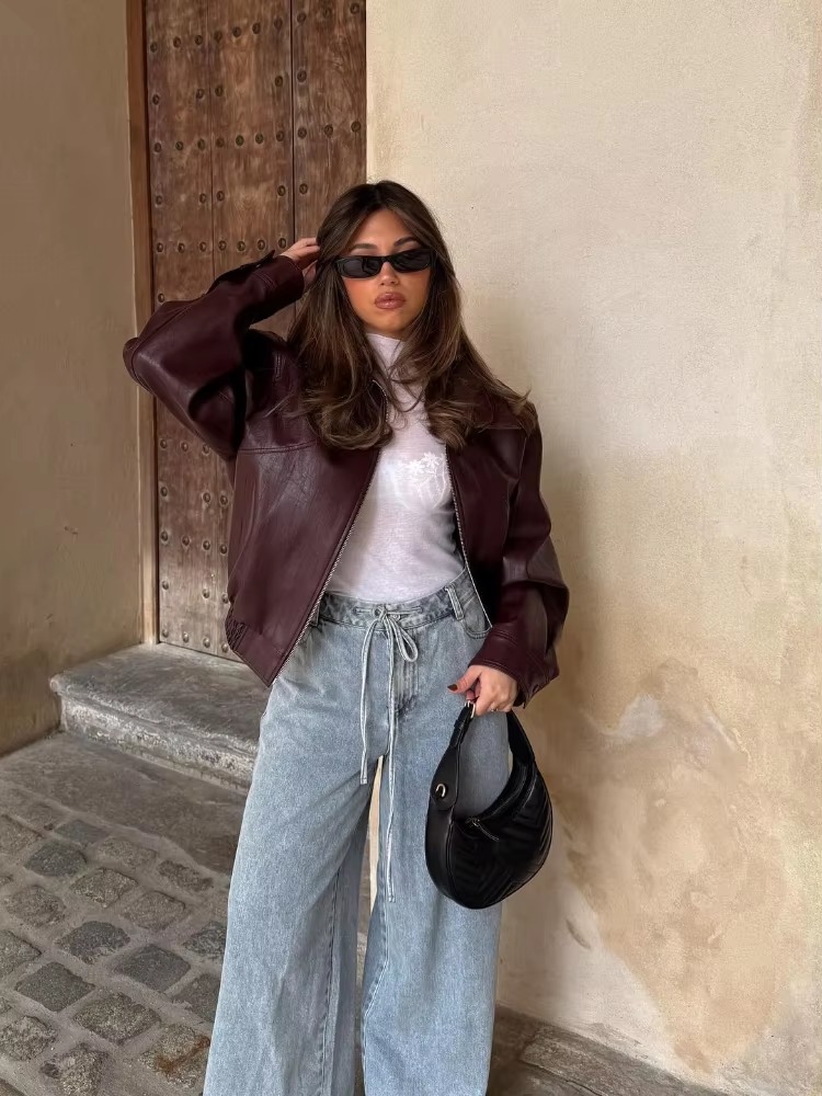 Elegant Solid Pu Leather Long Sleeves Zipper Crop Warm Jacket