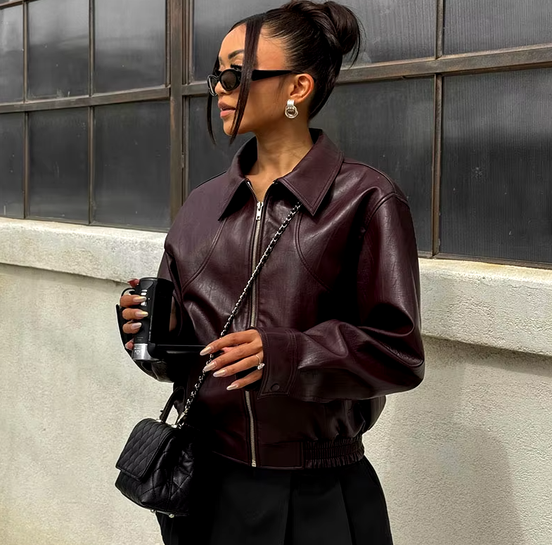 Elegant Solid Pu Leather Long Sleeves Zipper Crop Warm Jacket - Image 6