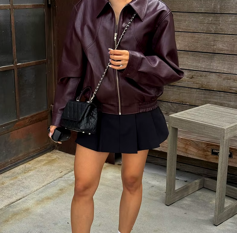 Elegant Solid Pu Leather Long Sleeves Zipper Crop Warm Jacket - Image 14