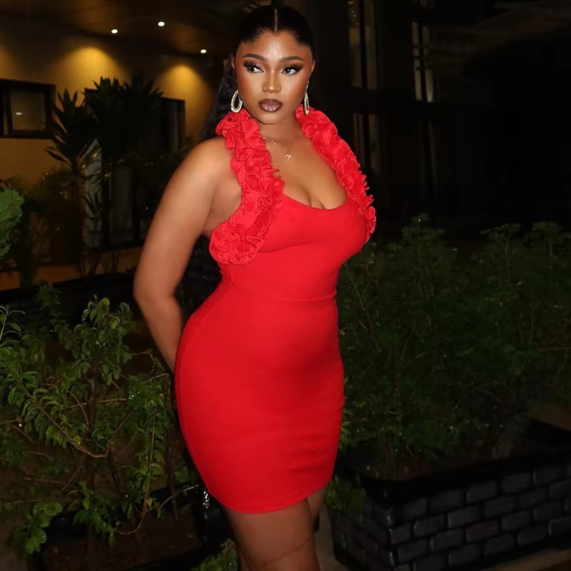 Elegant Solid Ruffles Halter Low Cut Body Shaping Mini Dress