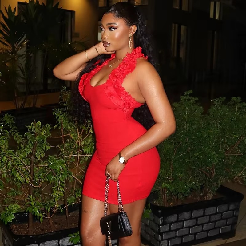 Elegant Solid Ruffles Halter Low Cut Body Shaping Mini Dress - Image 2