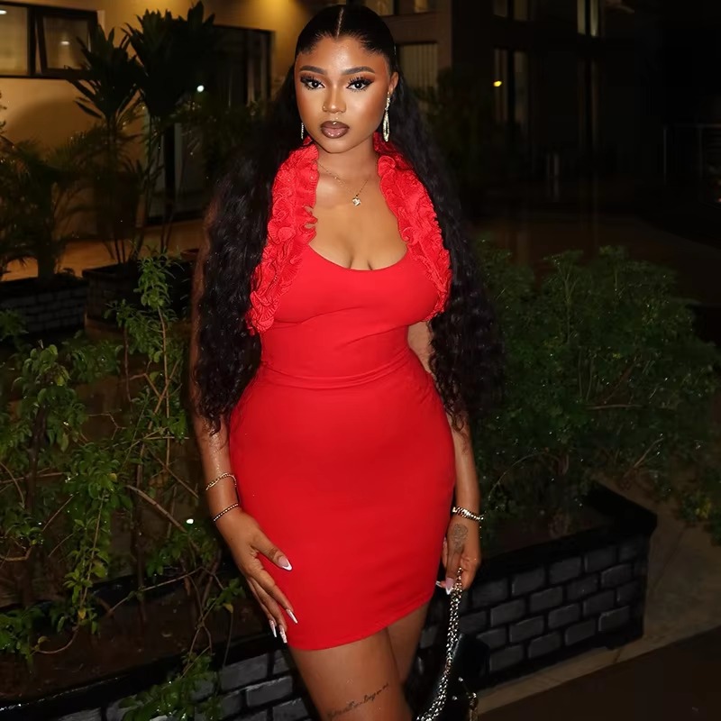 Elegant Solid Ruffles Halter Low Cut Body Shaping Mini Dress - Image 4