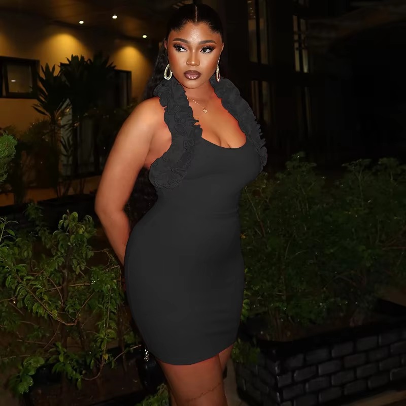 Elegant Solid Ruffles Halter Low Cut Body Shaping Mini Dress - Image 6