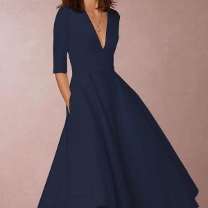 Elegant Solid V neck Half Sleeve Daily Casual Medium-length Dress