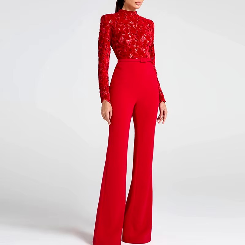 Elegant Solid Wide Leg Full Sleeve High Waist Embroidery Club Jumpsuits - Image 2