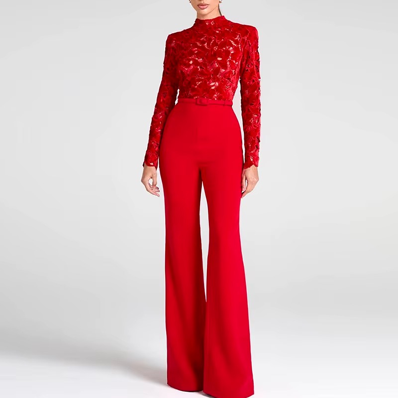 Elegant Solid Wide Leg Full Sleeve High Waist Embroidery Club Jumpsuits