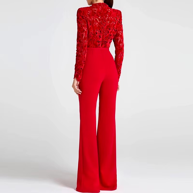 Elegant Solid Wide Leg Full Sleeve High Waist Embroidery Club Jumpsuits - Image 4