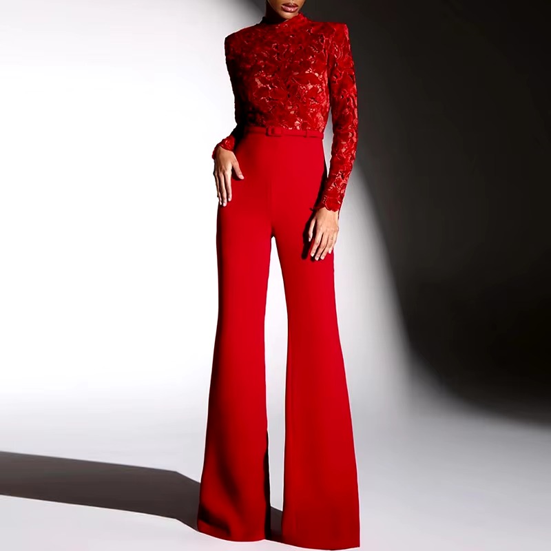 Elegant Solid Wide Leg Full Sleeve High Waist Embroidery Club Jumpsuits - Image 3