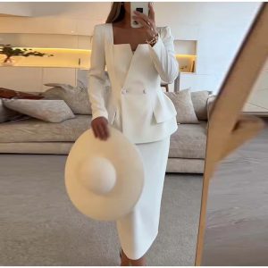 Elegant Square Collar Long Skirts And Blazers 2 Piece Set