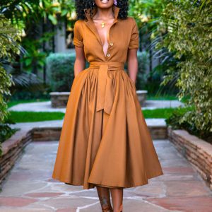 Elegant Stand Collar Sash Short Sleeves Layered Midi Shirt Dresses